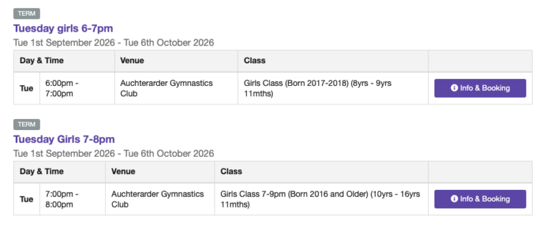 New gymnastics classes booking