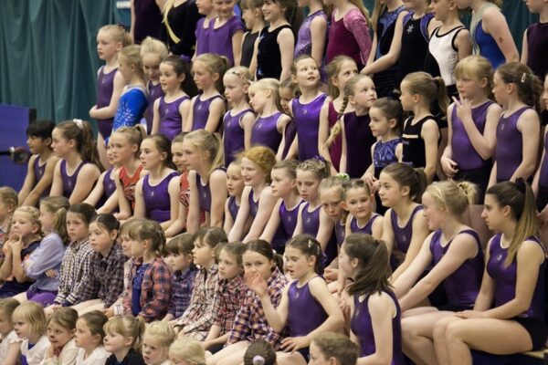 Club gymnasts in purple leotards seated together watching performances at a display