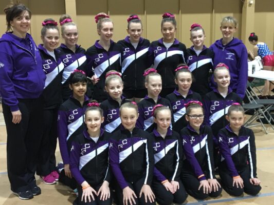 Auchterarder Gymnastics Club squad in purple club tracksuits posing for a team photo at GymFest 2016
